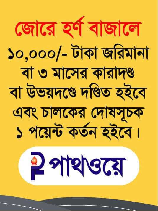  A fine of Tk 10,000 or imprisonment of three months for blowing the horn loudly.