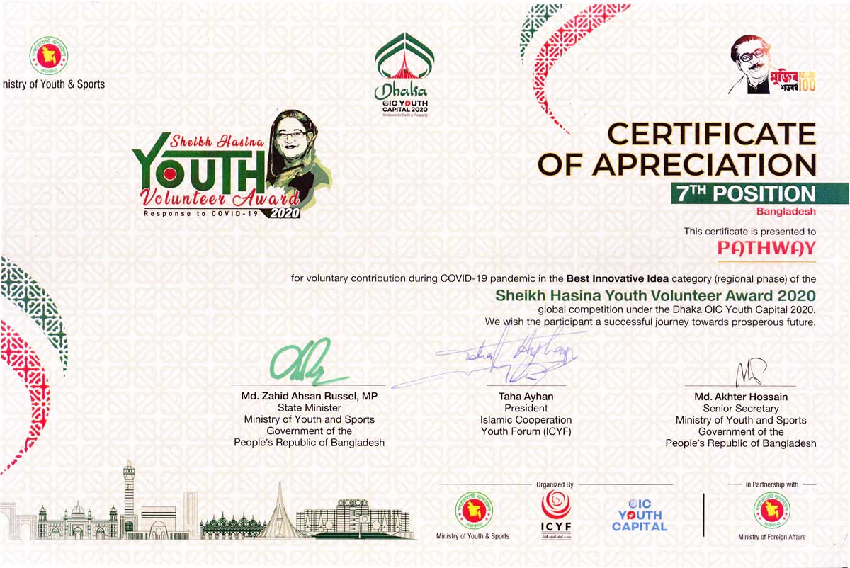 Pathway obtained 7th position in the National Stage of Sheikh Hasina Youth Volunteer Award 2020 in the BEST INNOVATIVE IDEA Category